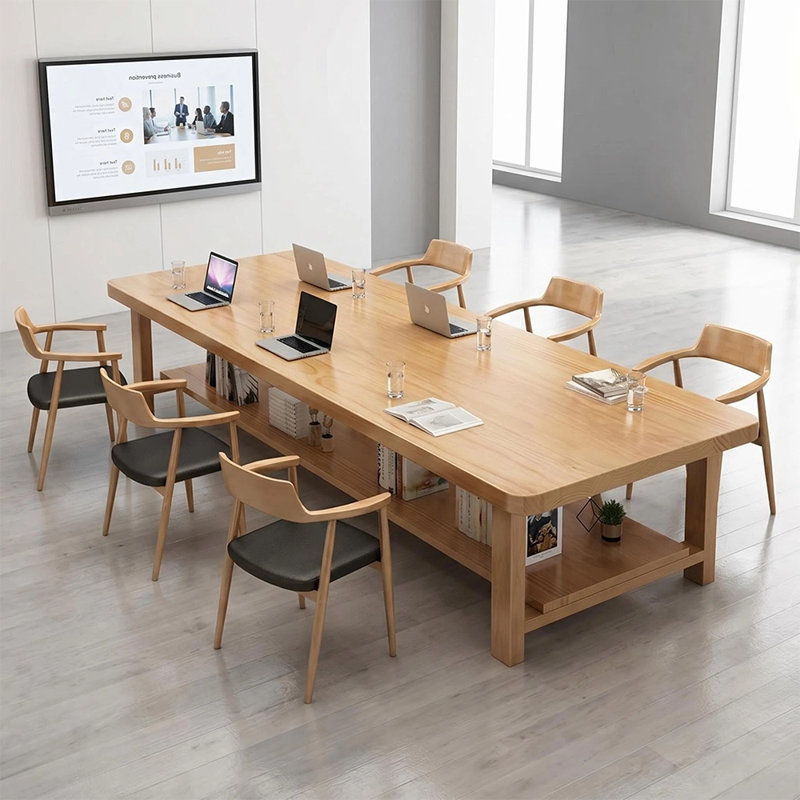 Table de conférence en bois massif avec espace de rangement double couche, grande table de réunion rectangulaire moderne