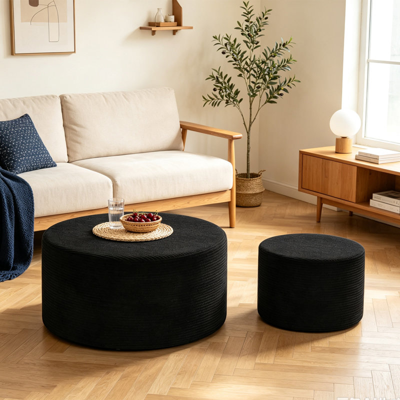 Ensemble de repose-pieds rond 2 pièces pour le salon, repose-pieds en velours côtelé moderne avec mousse haute densité (ensemble de 2)
