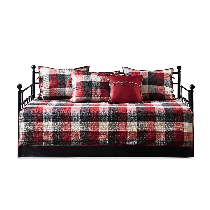 Housse de lit de jour 6 pièces en tissu écossais réversible rouge avec bourre en coton pour une literie durable et confortable