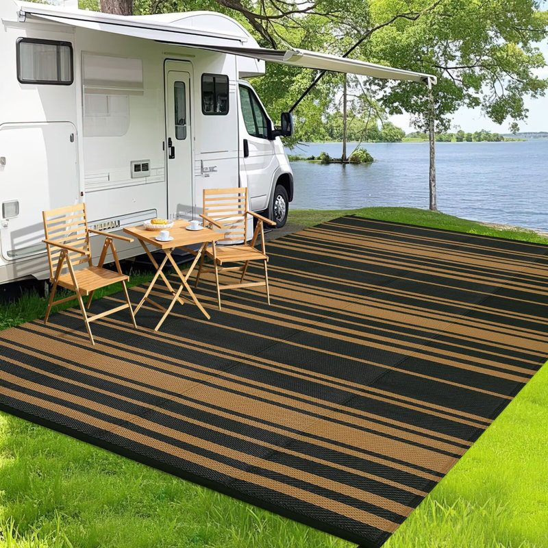 Outdoor Rug Waterproof Reversible Plastic Straw Rug, Modern Striped Camping Rug for Patio, UV-Resistant Outside Mat for Porch, Deck, Backyard