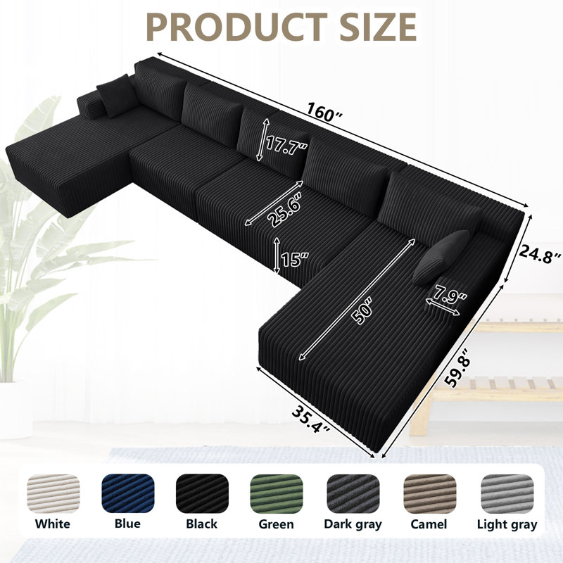Canapé modulaire surdimensionné de 160 po en tissu désossé avec méridienne, siège modulaire en forme de U en velours côtelé et assise profonde, canapé confortable pour le salon, aucun assemblage requis