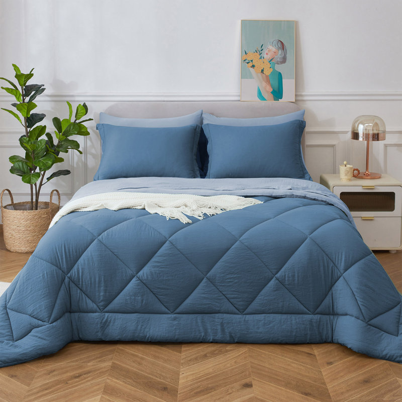 Ensemble d'édredon 7 pièces en microfibre délavée toutes saisons - ensemble de literie matelassée à coutures losangées, housse de couette en duvet synthétique réversible, édredon en microfibre moelleuse respirante