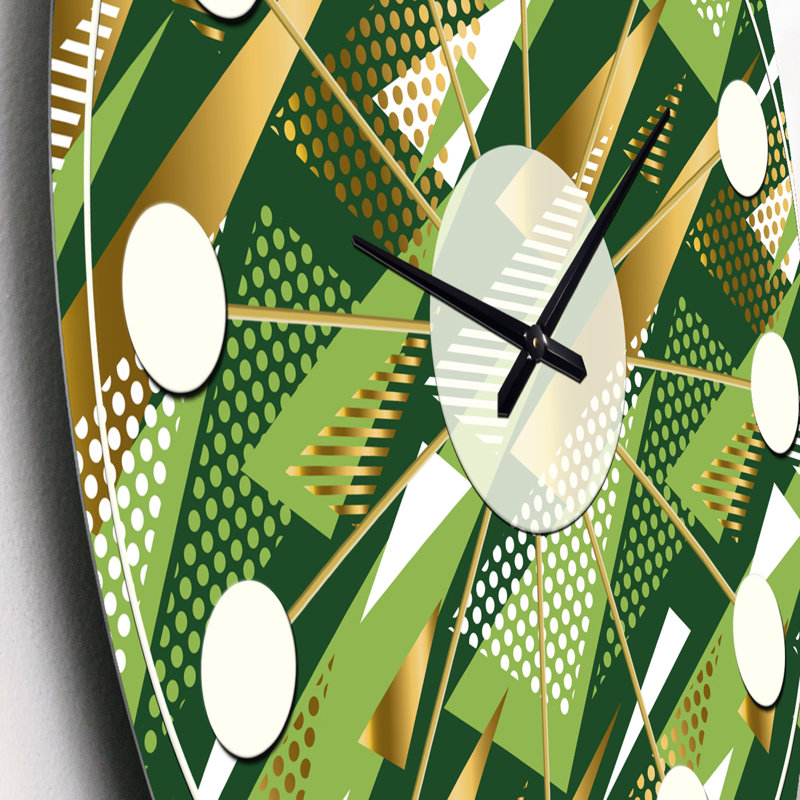Horloge murale triangulaire dorée et verte I - Design Mid-Century, Petit