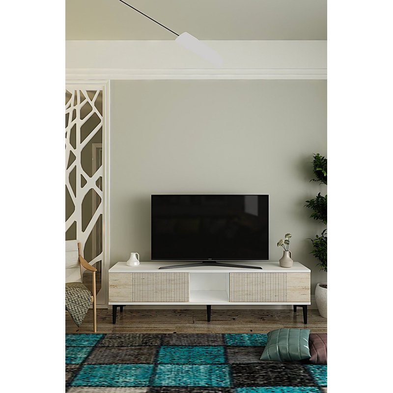Modern TV Stand with Wall-Mount Option, White & Travertine, 59.1 x 15.9 x 12.6 inches | 100% Melamine Coated Particle Board, Thickness: 0.7 inches | Elegant Geometric Design, Perfect for Living Room & Entertainment Spaces