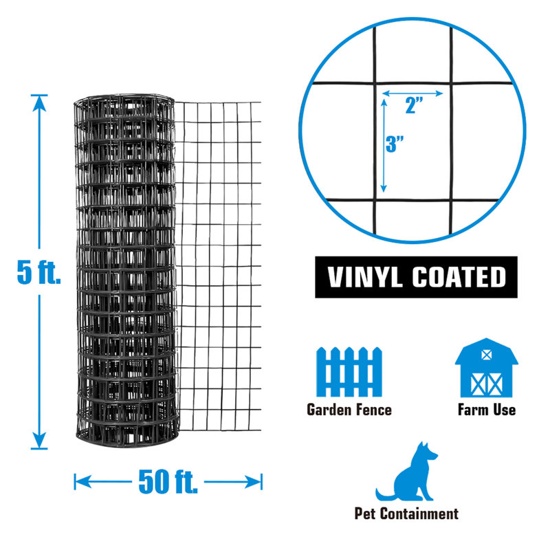 Fencer Wire Vinyl Coated 16 Gauge Welded Fence Wire Roll, Mesh Size 2-Inch x 3-Inch, Black, 5 ft. x 50 ft.