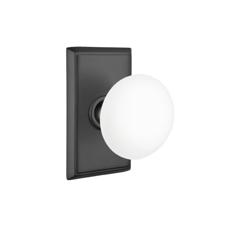 Emtek Privacy Knobset w/ Rectangular Rosette and Ice White Porcelain Knob, Flat Black