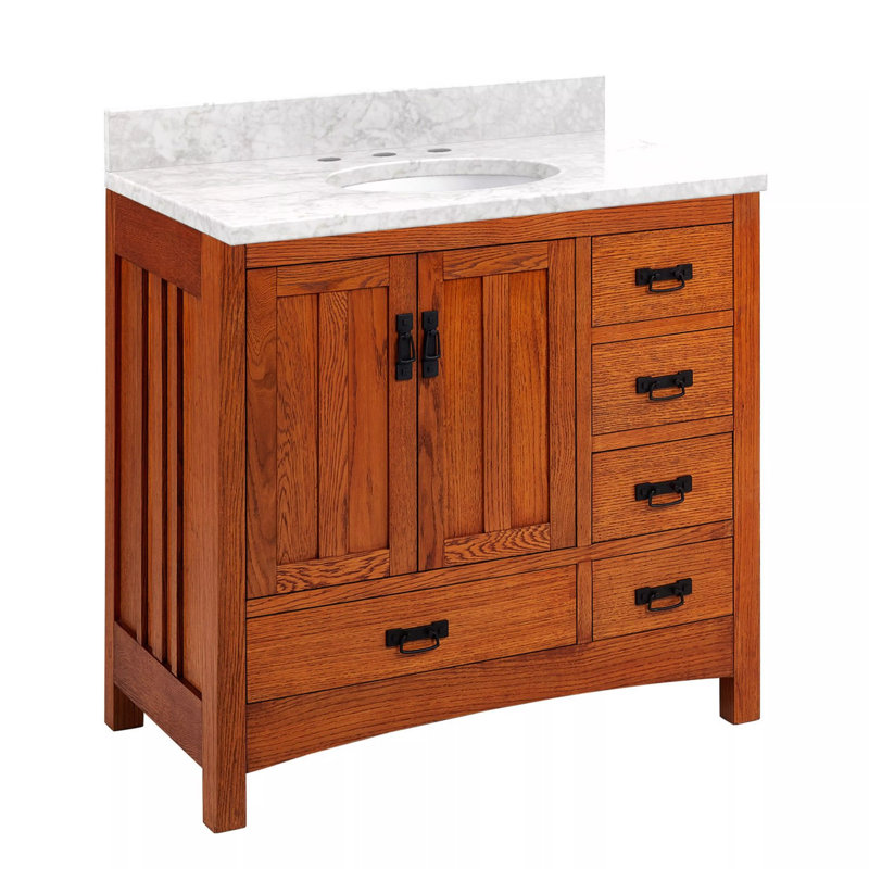 Meuble-lavabo 36 po - Chêne teinté avec lavabo encastrable Maybeck, 8 po, Marbre de Carrare