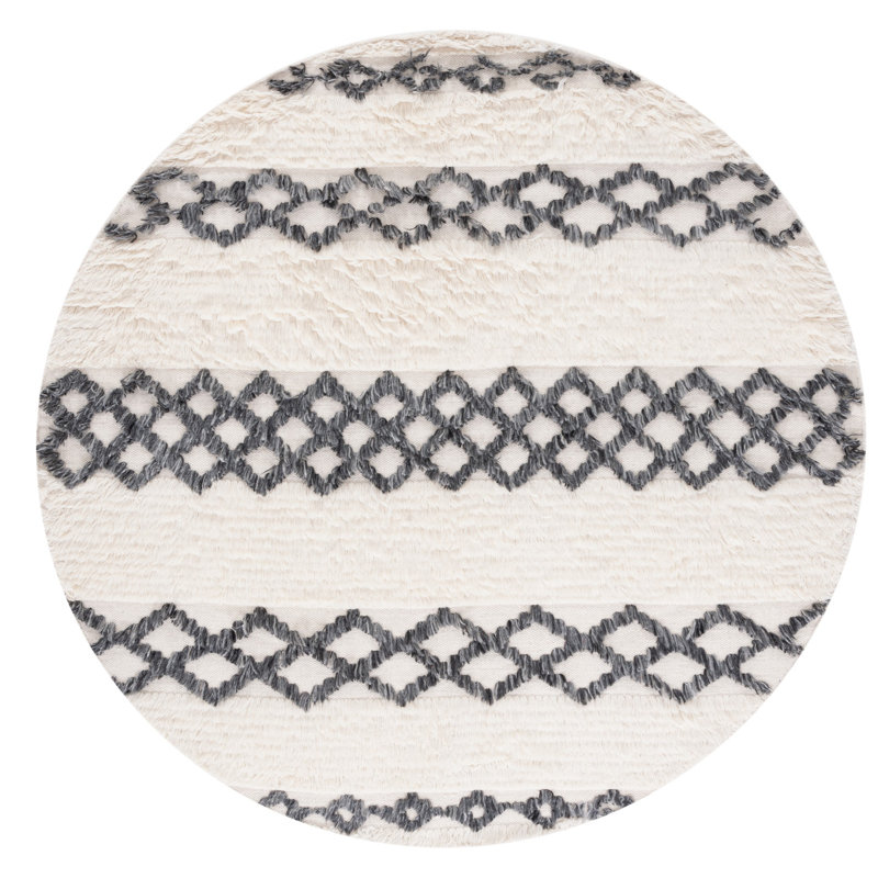 Benyam Hand Loomed Wool/Cotton Geometric Rug in Ivory/Dark Gray, Round 6'