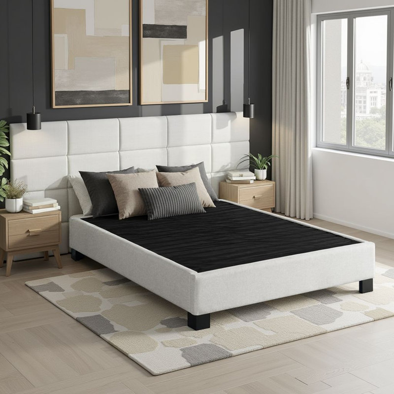 Modern Contempo King Upholstered Bed Platform Base, Oatmeal, Beige, King