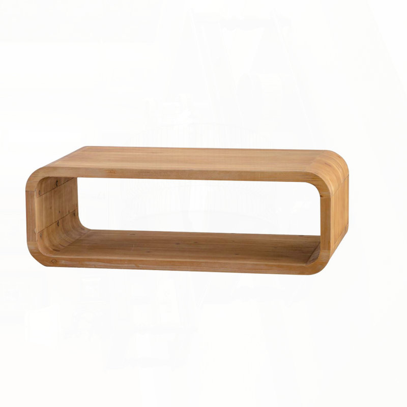 Racetrack-Shaped Coffee Table with Open Storage Shelf – Light Wood Finish
