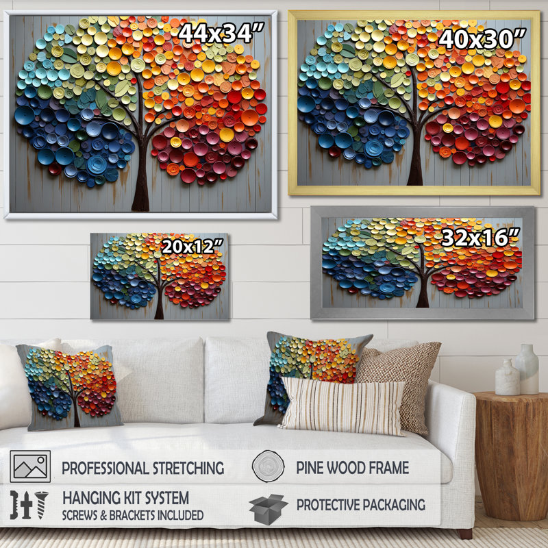 Art mural coloré arc-en-ciel coloré 4 saisons - Arbres, Cadre flottant brun, H 16 po x l 32 po x P 1 po