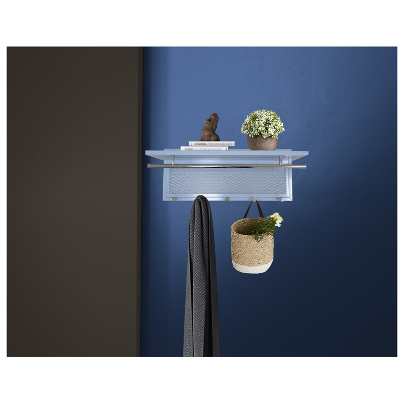 Portemanteau mural bleu en métal avec tablette et 5 crochets, rangement contemporain thermolaqué pour vestibule ou chambre à coucher