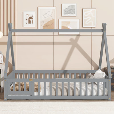 Twin Tent-shaped Floor Bed,Teepee Bed with Guardrails