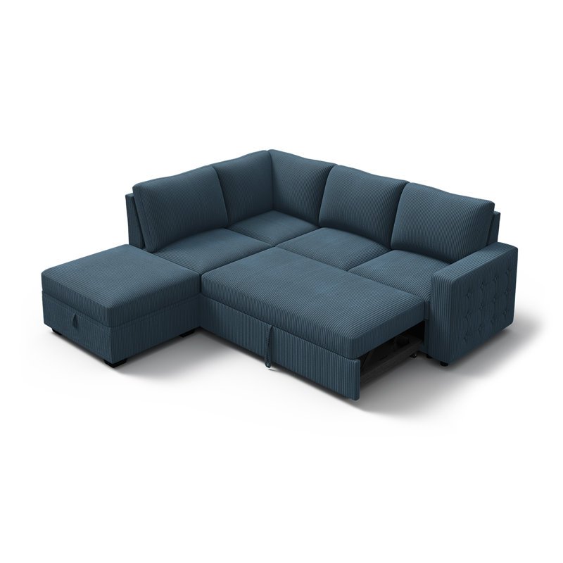 Canapé-lit modulaire en L Brunella, Velours côtelé bleu, H 35 po x l 87 po x P 84,2 po