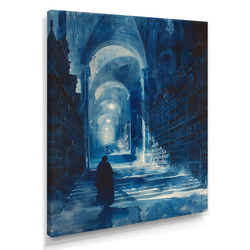 «Blue Wizards Library Keepers I», reproduction d'art mural, Cadre flottant doré, 20" H x 12" W