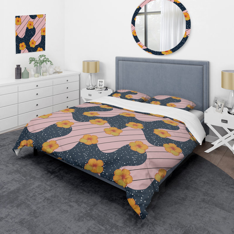 Ensemble de housse de couette à rayures florales bleues et roses - Polyester en microfibre