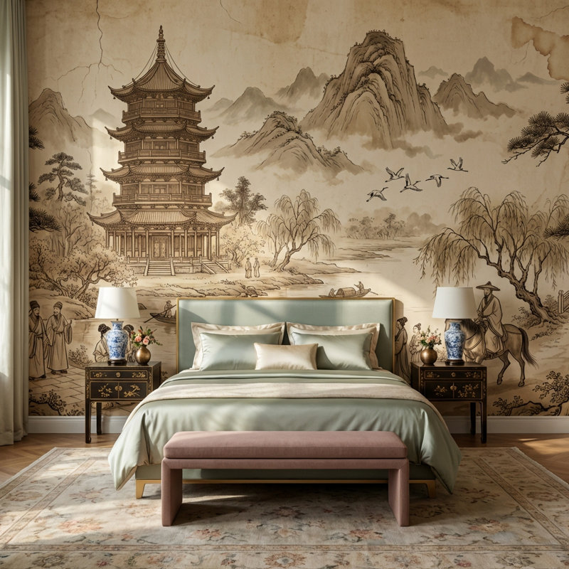 Papier peint traditionnel chinois Pagode, 140" x 108", Non-Woven Nonpasted