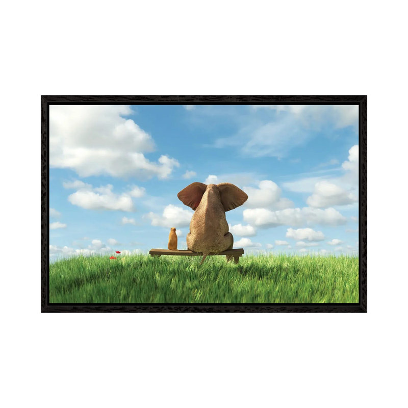 Elephant And Dog Sit On A Green Field by Mike Kiev - Print on Canvas, 66.04cm H x 101.6cm W x 3.81cm D, Black Framed