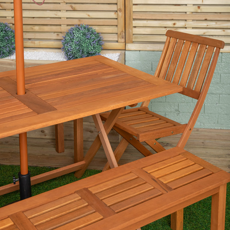 Gillian Outdoor Rectangular Wooden Garden Dining Table, 2 Benches With Parasol And Base Set, Cream