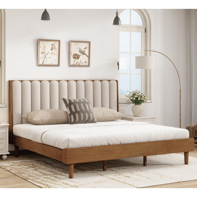 King Size Wood Bed With Piano Key Style Upholstered Headboard , Wood Bed With Strengthened Bed Frame