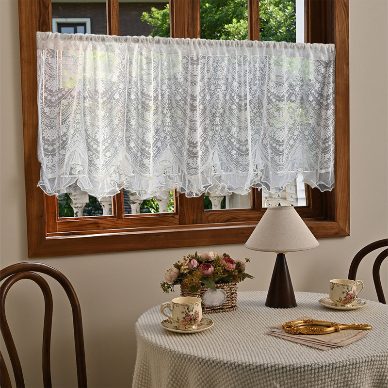 Rideau en dentelle arquée en mousseline semi-diaphane avec broderie avec passe-tringle pour portes et fenêtres, A