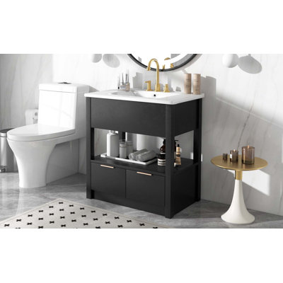 Meuble-lavabo de 30 po avec comptoir d'évier, armoire de salle de bain avec tablette de rangement ouverte et deux tiroirs, un paquet