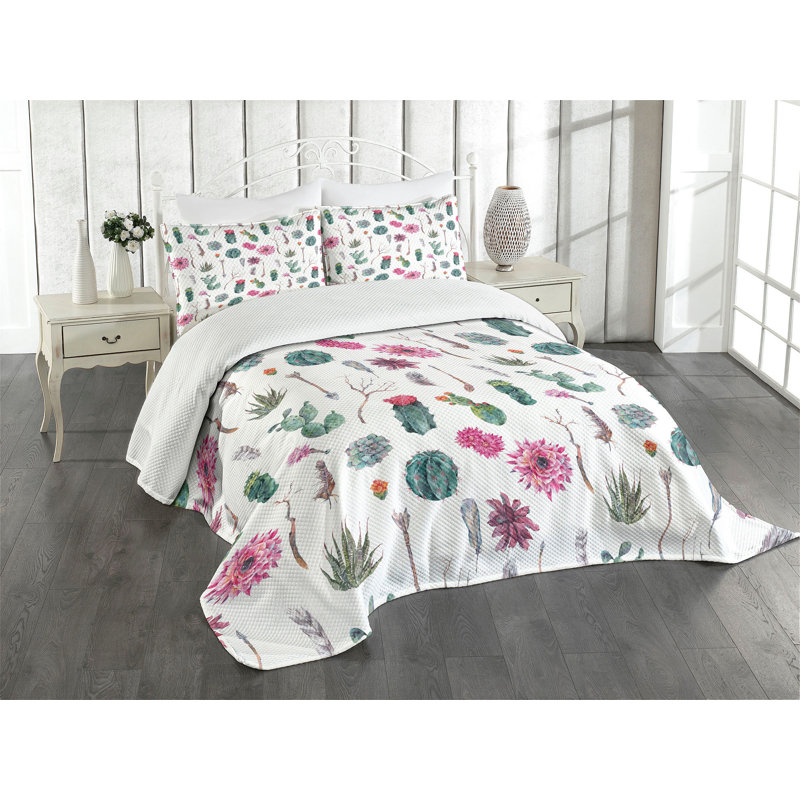 Ambesonne Cactus Bedspread Set Springtime in Hawaii Multicolor, King Bedspread + 2 Standard Shams