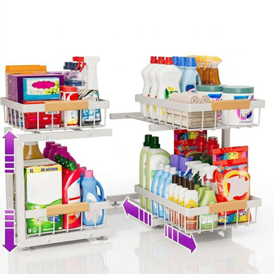 2-pack Under Sink Organizer With Adjustable Height (11"–15.75"), 2-tier Pull-out Sliding Drawer Storage For Kitchen & Bathroom, Heavy Duty Metal Shelf (white)