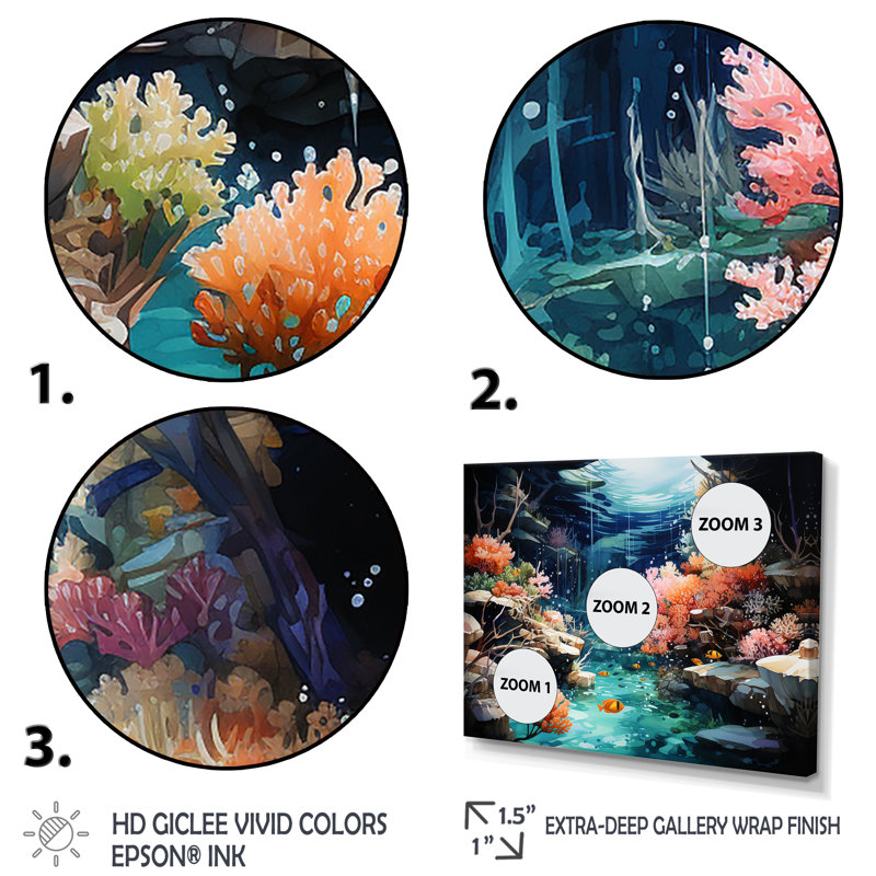 Jardin de corail réaliste sous l'eau II - art de corail, Cadre flottant noir, H 16 po x l 32 po x P 1 po