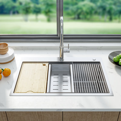 33*22*10" Workstation Kitchen basin Single basin with steps brushed bamboo cutting board drain basket drainer bottom net roller shutter