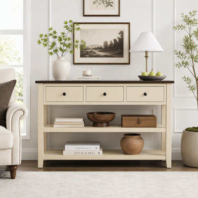 Retro Console Table with Storage Drawers and Open Shelves Made from Solid Pine Wood Frame