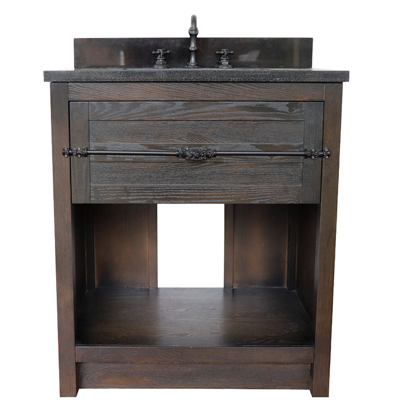 Zimmer 31'' Single Bathroom Vanity with Top, Brown Ash, Black Galaxy