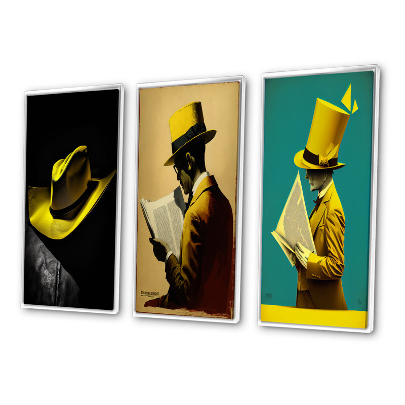 «Retro Yellow Hat On Black», 3 pièces, H 40 po x l 60 po, Cadre flottant blanc