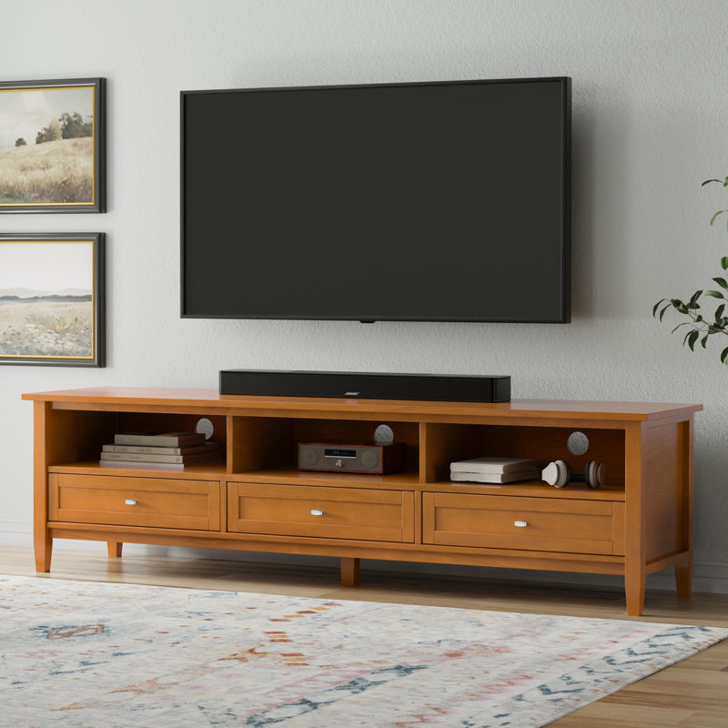 Warm Shaker 72"W Solid Wood Transitional Low TV Stand for TVs up to 80" with 3 Drawers and Open Shelves, Light Brown
