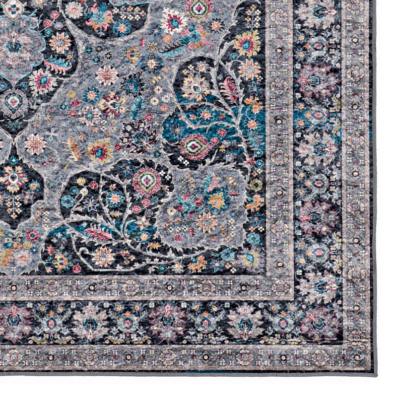 Breedlove Traditional Machine Woven Flatweave Gray and Blue Area Rug with Non Skid Backing, Rectangle 2'2" x 3'2"
