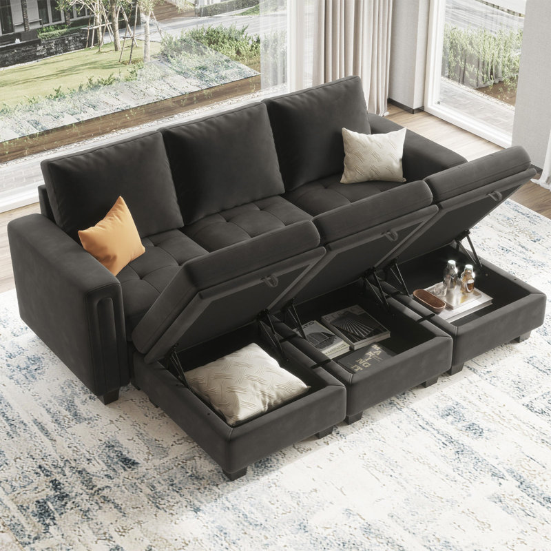 Shavera 6 - Piece 83.4'' Wide Velvet Sectional Sofa Apartment Sofa Bed Convertible Sleeper Couch with Storage Ottomans
