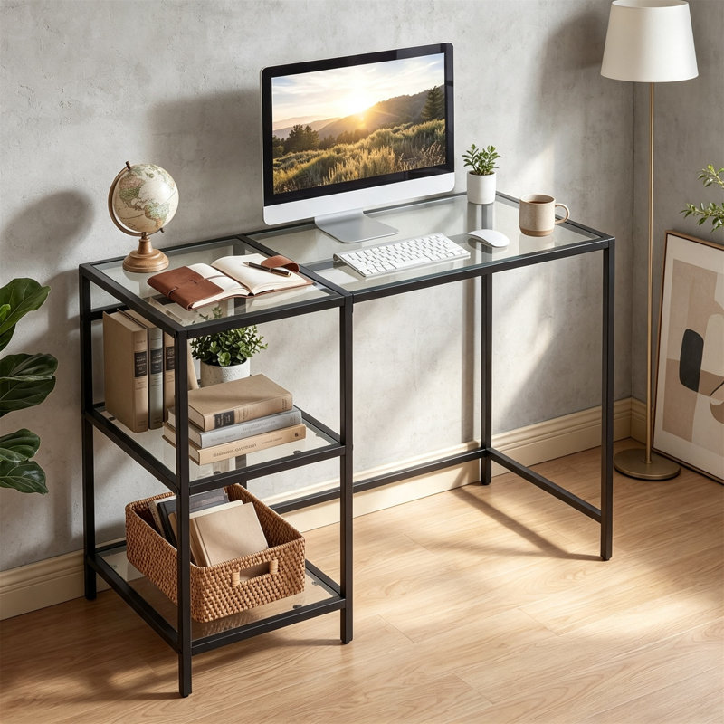 Glass Top Metal Base Computer Desk, Black