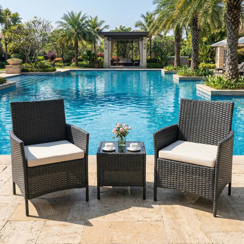 Patio Furniture Set, PE Rattan Wicker 3 Pcs Outdoor Sofa Set,Washable Cushion and Tempered Glass Tabletop, Conversation Furniture for Garden Poolside Balcony(Grey/Beige)