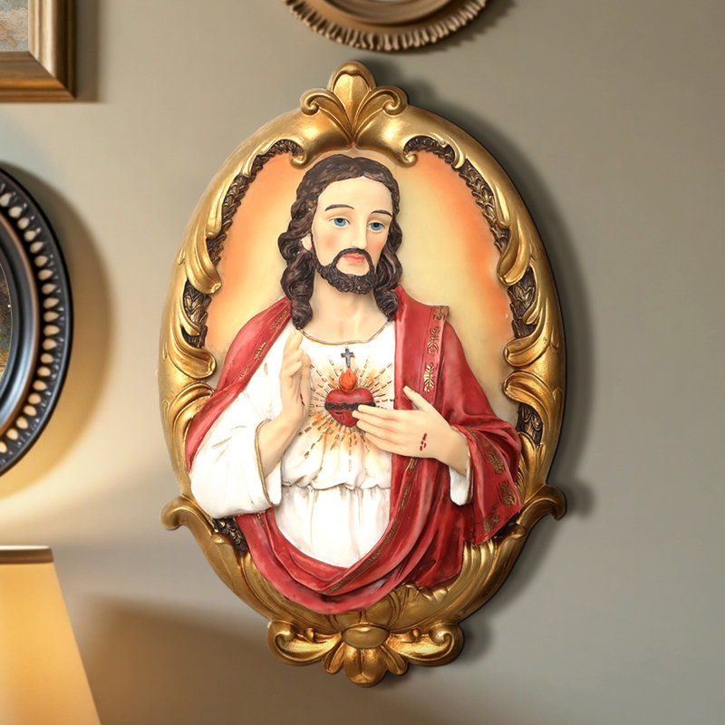 15.9'' Oval Religious Wall Art Polyresin Wall Decor, Sacred Heart Jesus Vintage Baroque Style