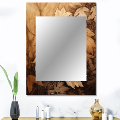 «Brown Beige Leafs» Harmony III - miroir floral, miroir mural décoratif traditionnel, impression d'art en métal