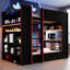 Lit superposé double en bois avec bureau, DEL, tablettes de rangement, station de charge, noir