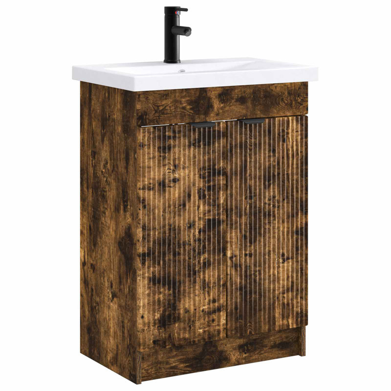 Vanity & Mirror Set, Smoked Oak