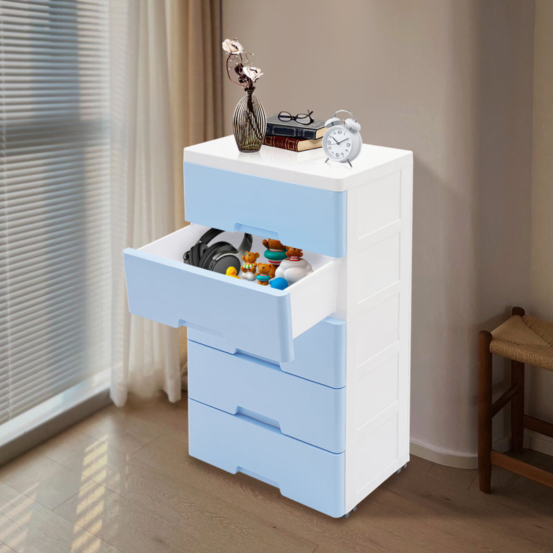 Commode 5 tiroirs avec rangement, Bleu
