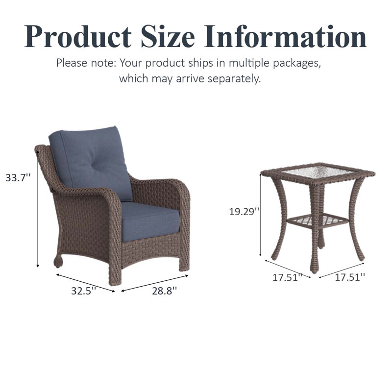  3 Piece Wicker Outdoor Furniture Set with 6-inch Comfy Cushions, High Back Patio Furniture Set with Rattan Armchairs and Side Table