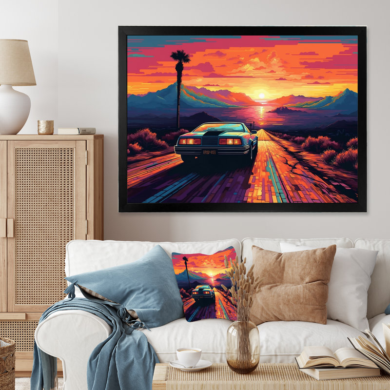 Chorio " Orange And Blue Vintage Classic Car ", Black Picture Framed, 12" H x 20" W x 1" D