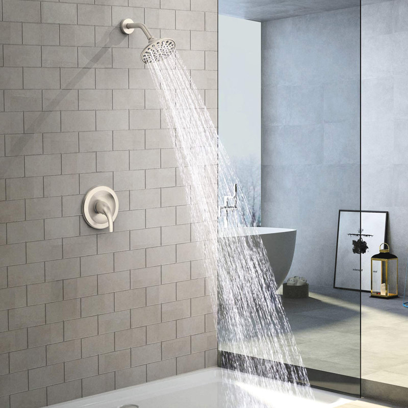 Wall - Mounted Single Handle 6 Spray Pattern Shower Head With Included Valve And Arm, 360° Adjustable Joint On Head, Holes For Easy Maintenance, Brushed Nickel Plastic Design Functions Faucet