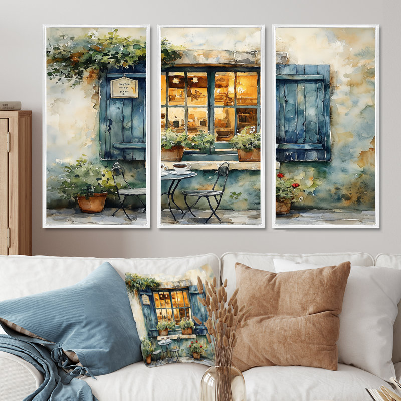 Blue And Green French Cafe French Roast I - French Cafe Wall Art Print Set, White Floater Framed Canvas, 28" H x 36" W x 1" D
