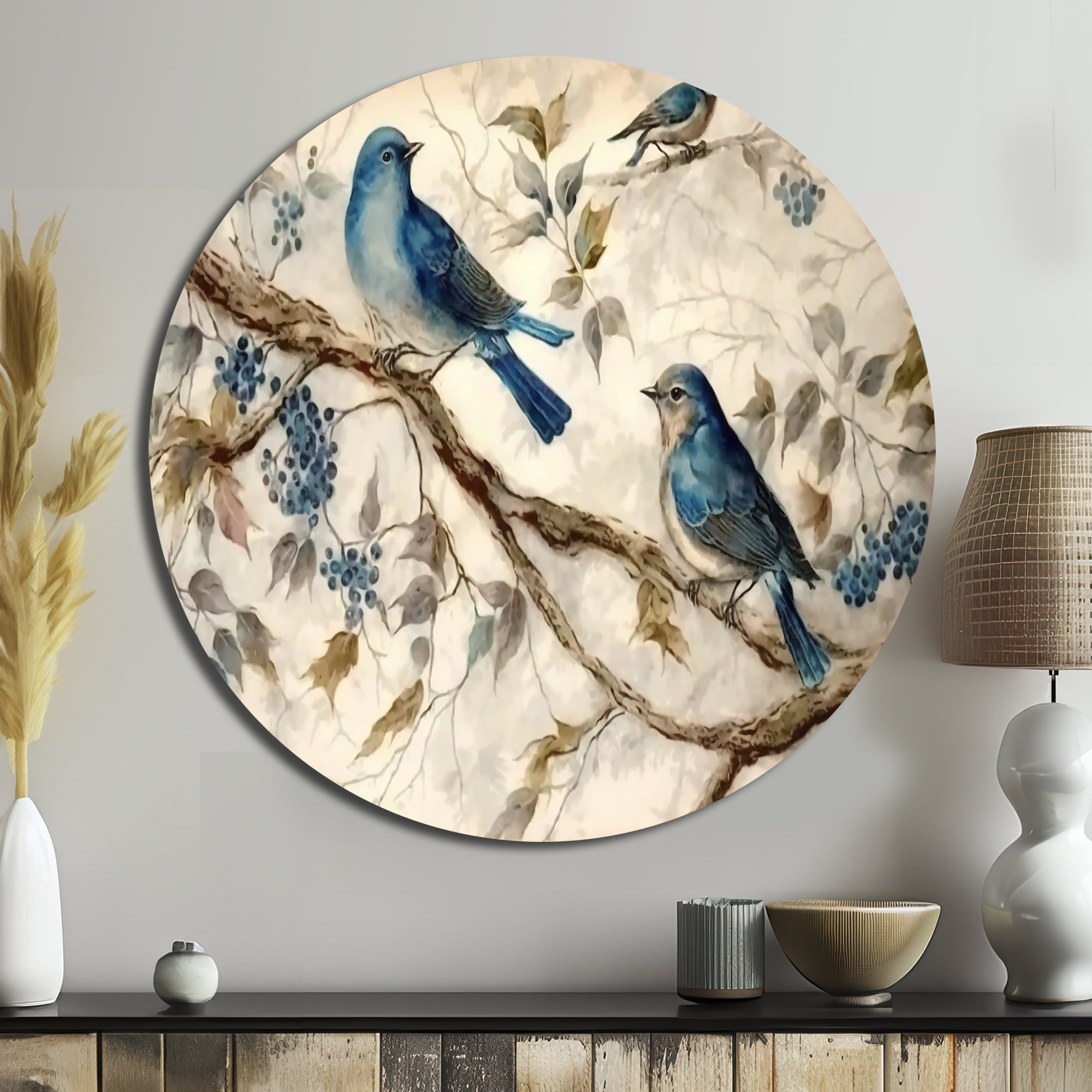 East Urban Home Two Blue Birds Sitting On A Branch Vintage Watercolor ...