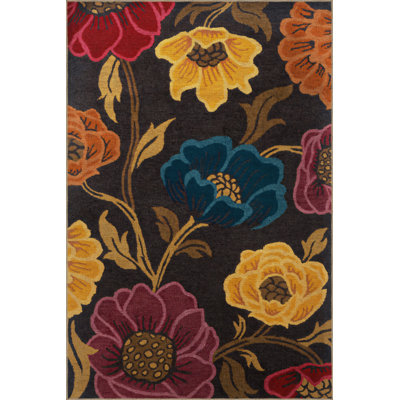Tapis décoratif noir multicolore à motif floral et rose