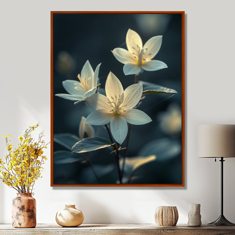 Blanc blanc noir monochrome fleurs de prairie mystiques - fleurs, décoration murale, Toile avec cadre flottant brun